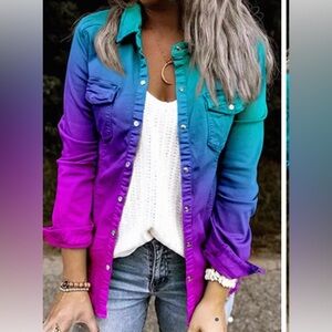 NEW - WOMENS Gradient Snap Button Pocket Ruffled Long Sleeve Jacket